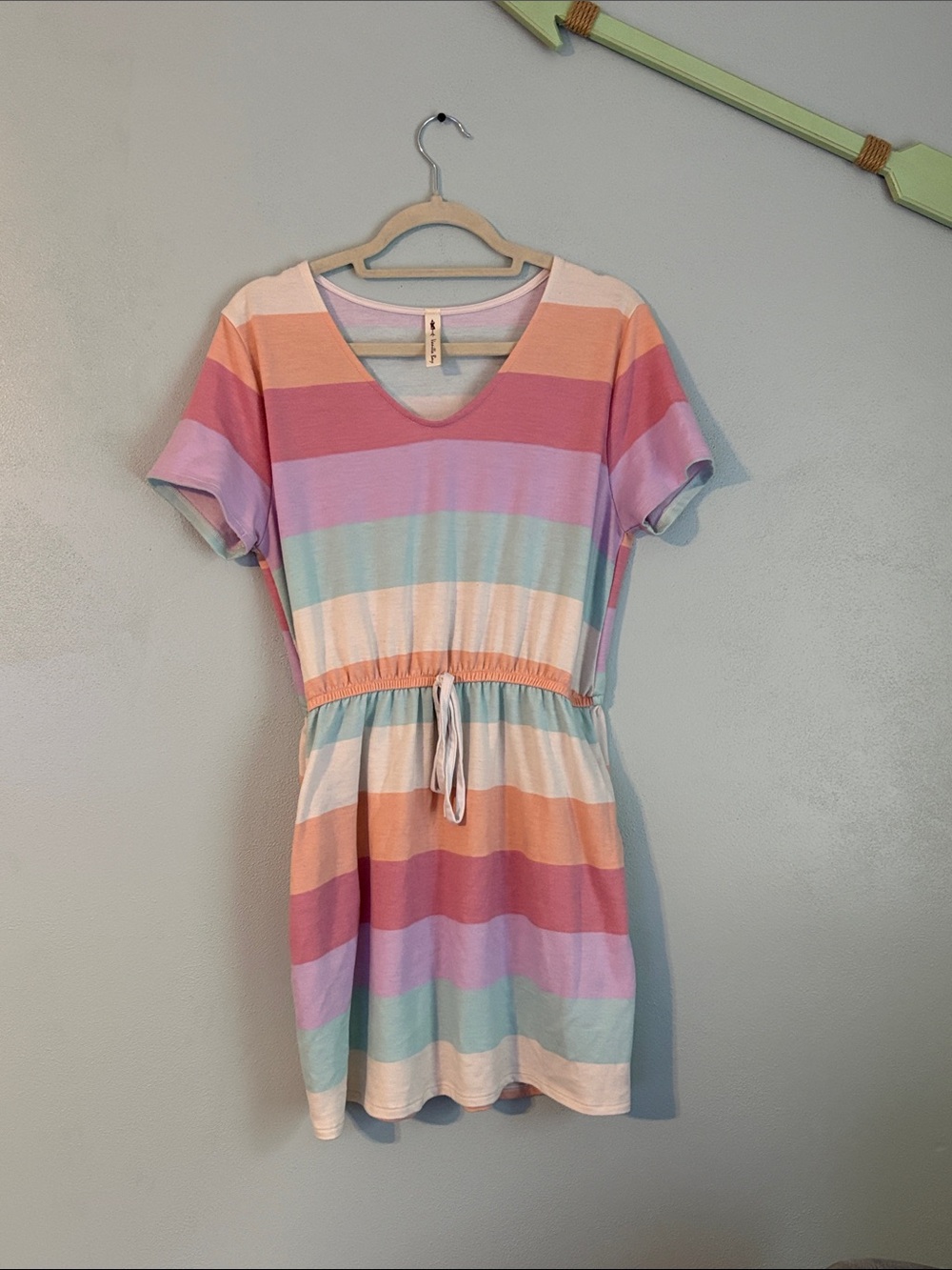 Women’s large Pastel Striped Drawstring Waist Short Sleeve Dress